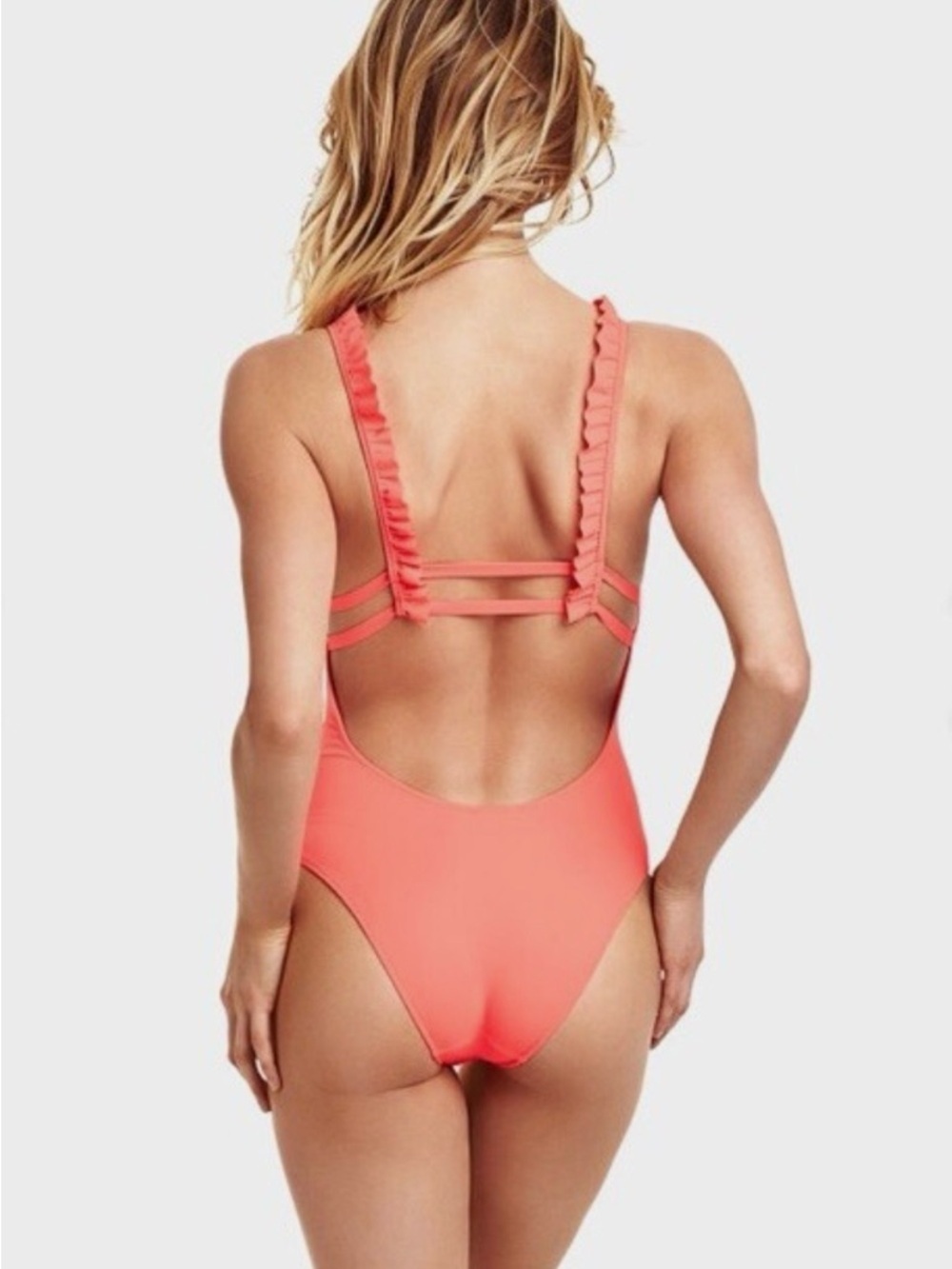 Victoria Secret Coral Orange One piece Swim Suit Ruffle Strap Medium